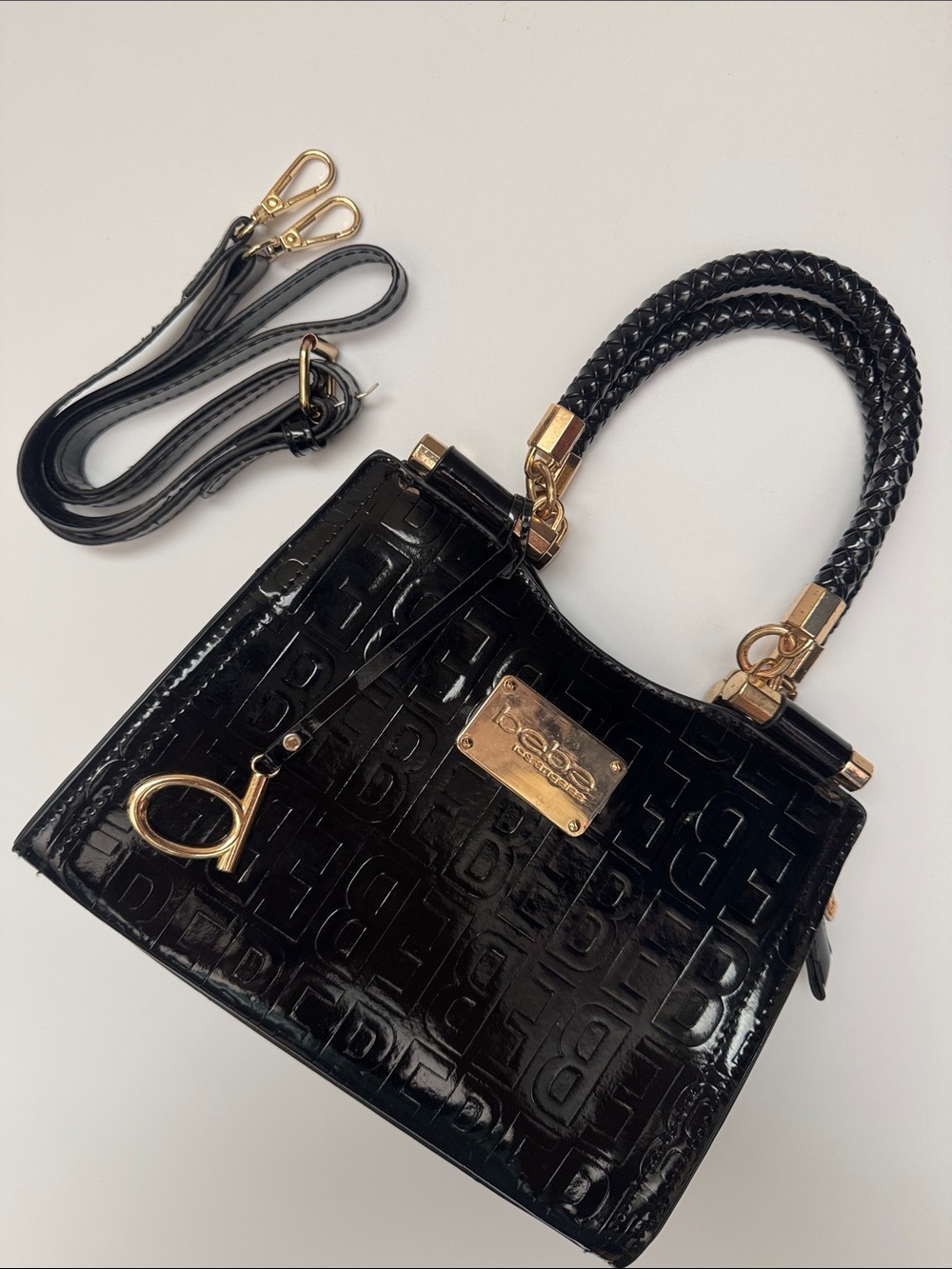 bebe Black Patent Embossed Mini Satchel with Gold Hardware